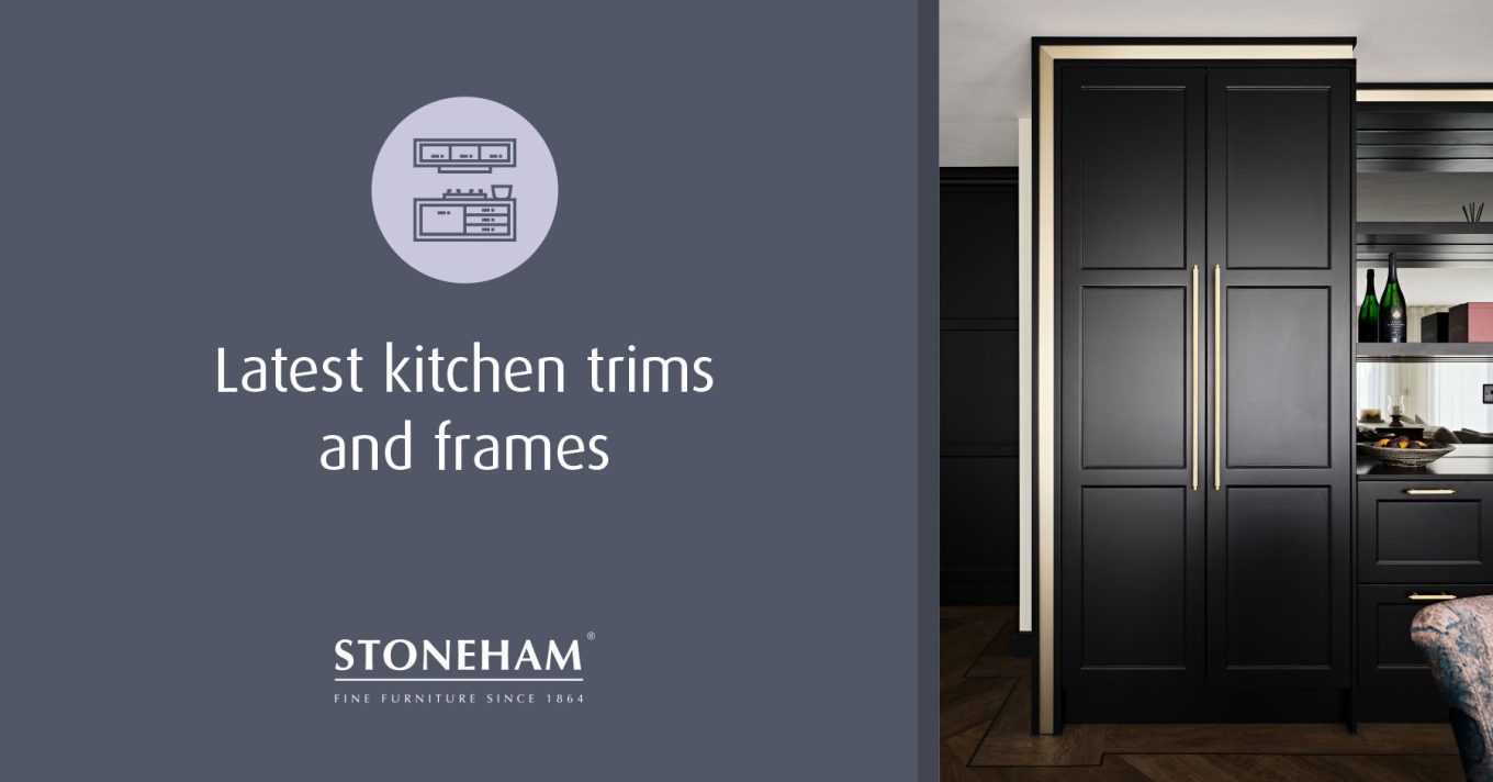 black kitchen units with gold inlay framing the cupboards