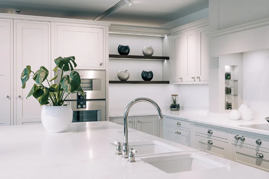 close-up detail of a white kitchen in kitchen showroom in chichester