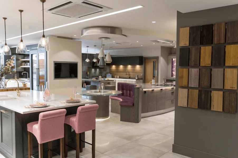 Kitchen showroom in Cheshunt with kitchen island, classic and modern displays and material samples