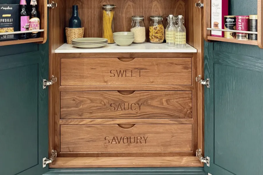 Engraved wooden drawers inside a pantry cupboard