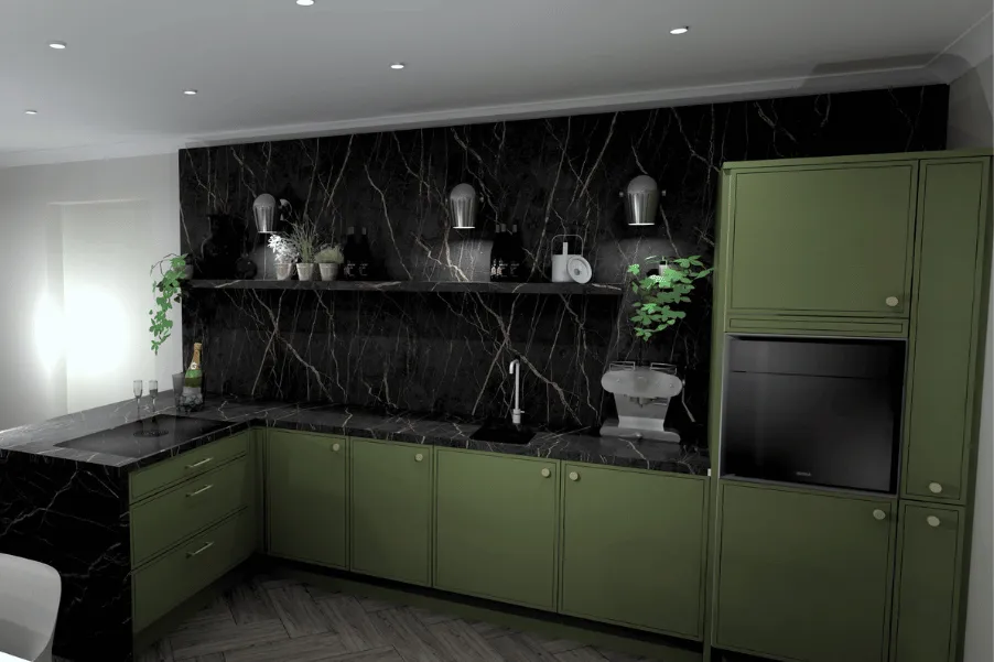 dark green smooth kitchen doors with black veined worktops in kitchen showroom in south west London
