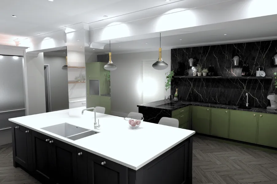 black kitchen island with white worktop and dark green kitchen display in kitchen showroom in south west London
