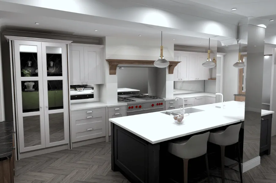 classic Stoneham kitchen display and kitchen island in kitchen showroom in south west London