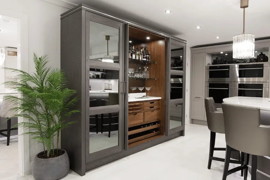 large bar with mirrored doors in kitchen showroom in Essex