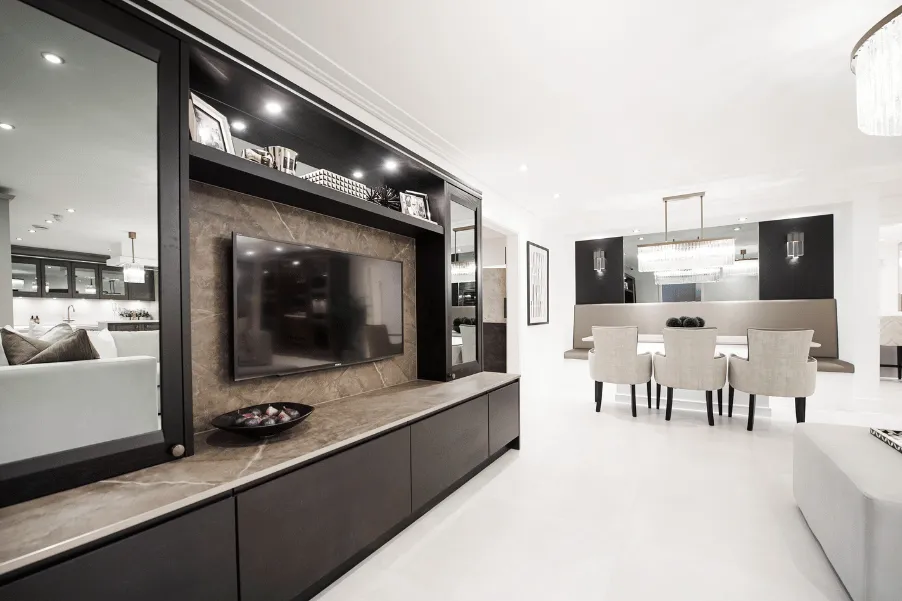 Open-plan-living space with dining and media area in kitchen showroom in Essex