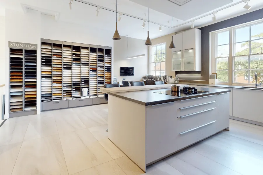 Minimalist kitchen design with island and Stoneham kitchen door samples