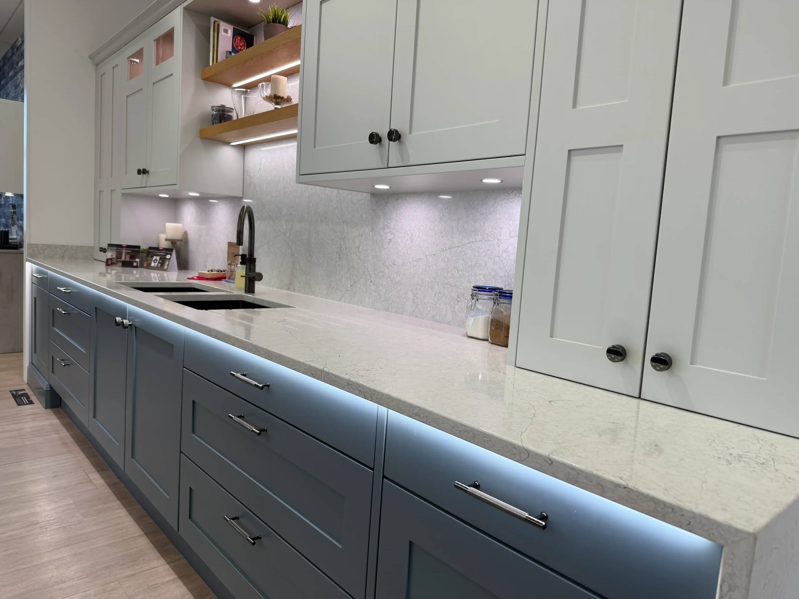 Stoneham Kitchen shaker kitchen display in blue and white