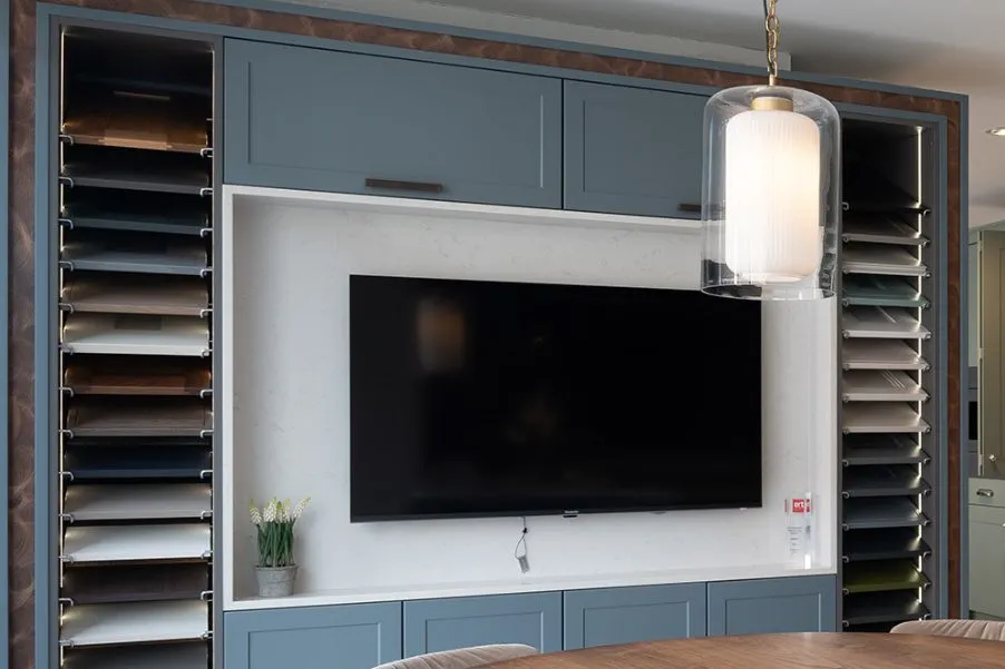 Stoneham kitchen door samples around a media unit