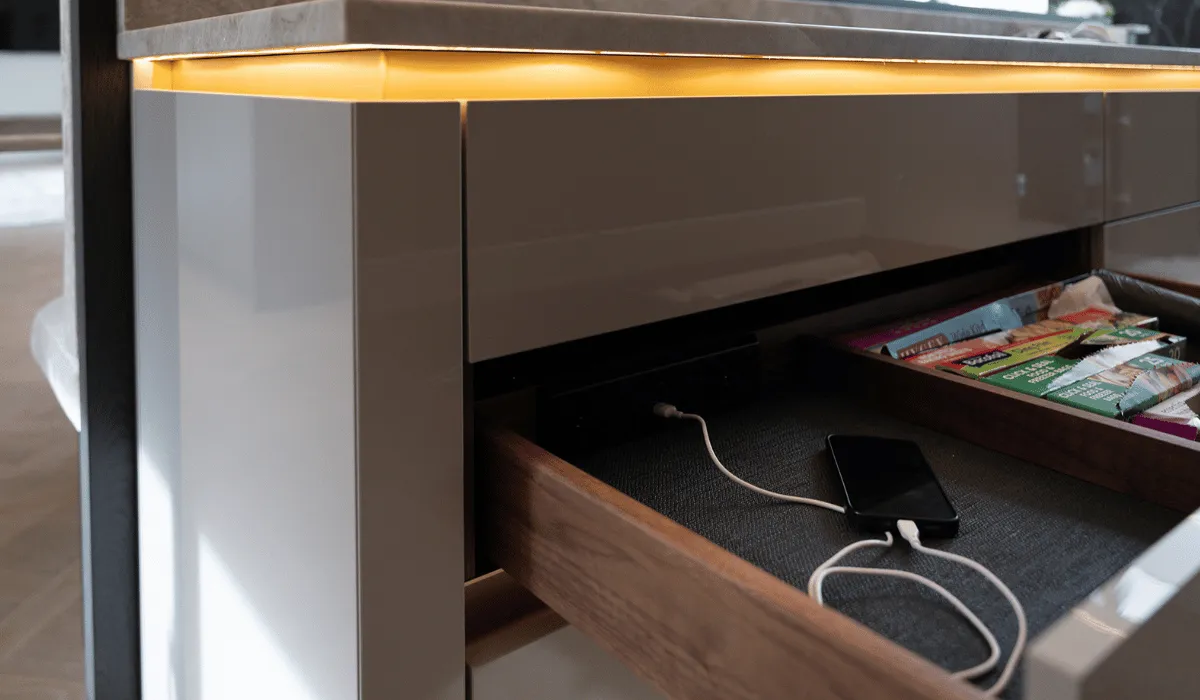 charging drawer with mobile on high gloss kitchen island