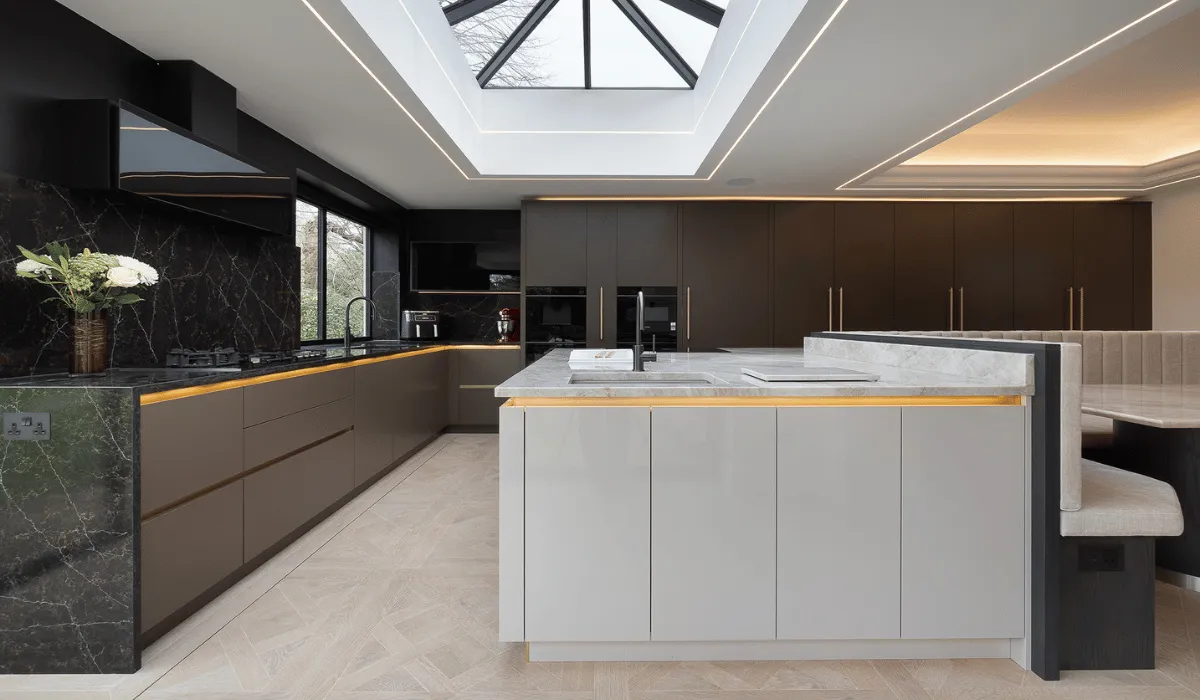 high gloss kitchen island and tall brown kitchen cabinets