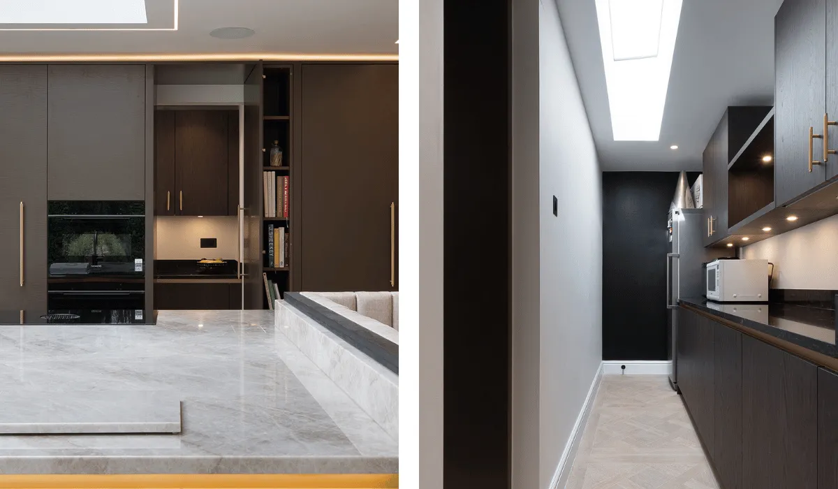 Hidden door in kitchen leading to a pantry room with brown cabinets