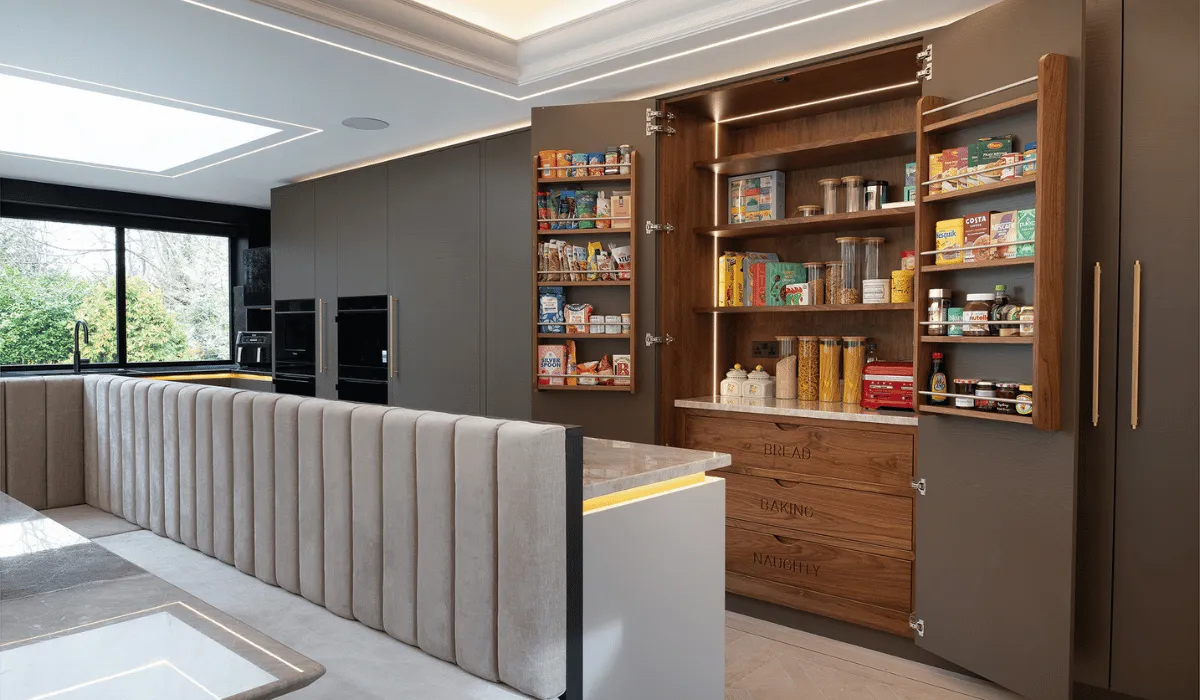 pantry cupboard with wooden interior, engraved drawers and spice racks to doors