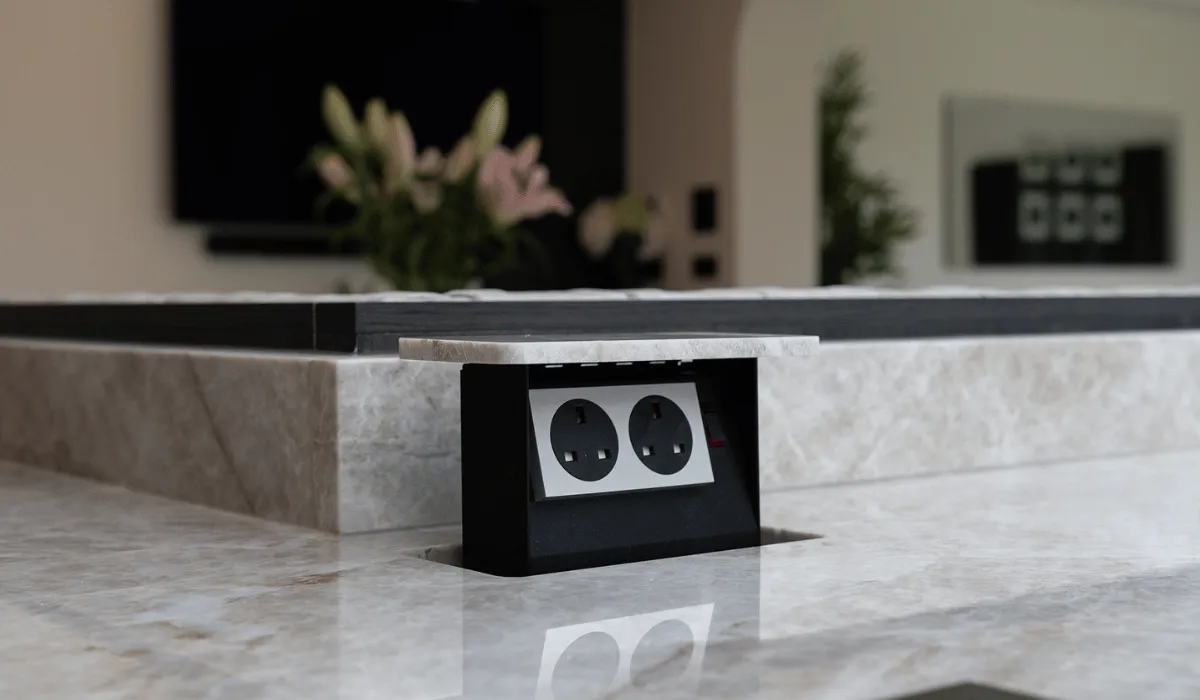 pop-up charging sockets grey veined kitchen worktop