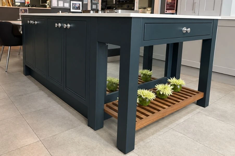 Kitchen island with lower wooden slatted shelf detail