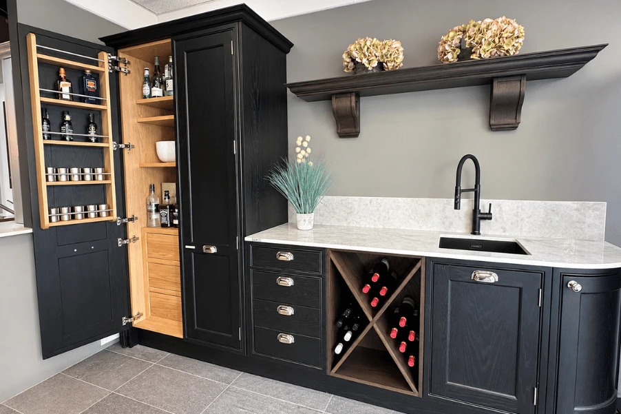pantry cupboard and cruciform wine rack integrated into Stoneham cabinetry