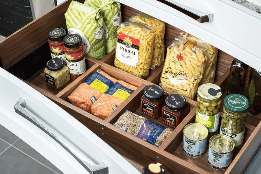 Bespoke drawer organisation for dry kitchen food items