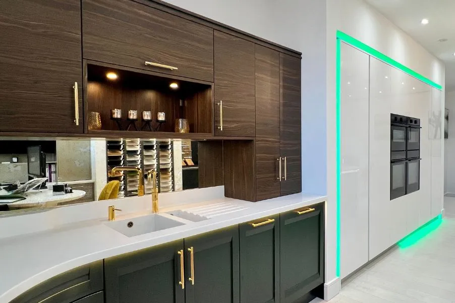 Stoneham kitchen with downlights and LED strips